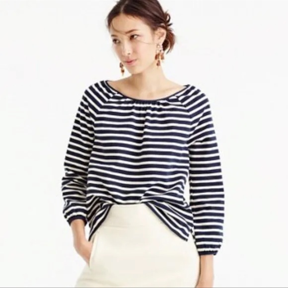 J. Crew Structured Stripe Keyhole Peasant Top in Navy Stripe. - Picture 1 of 11